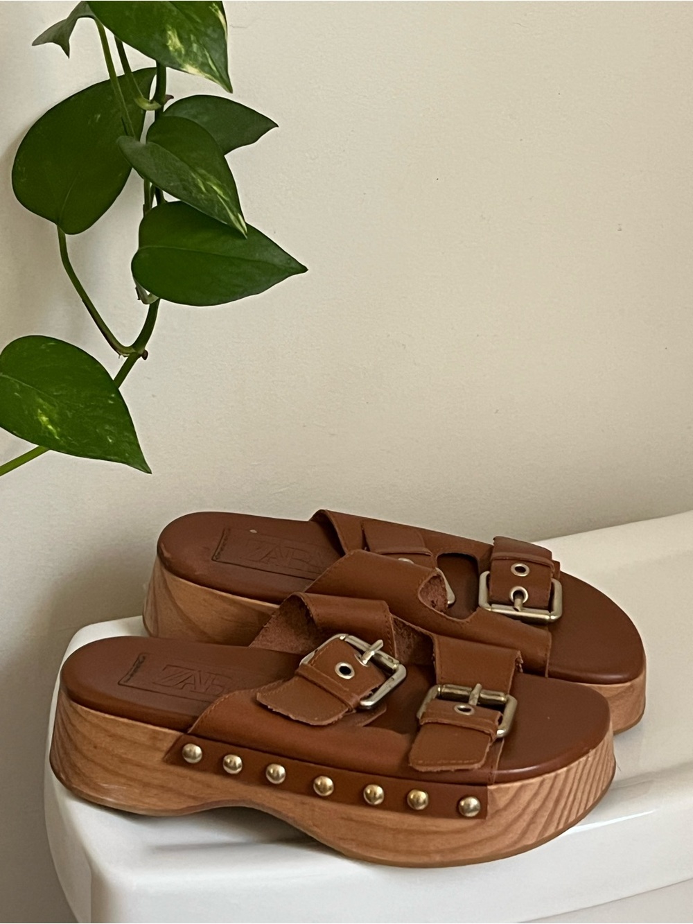 Brown Leather Buckle Platform Slide Sandals